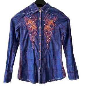 Roar Embroidered Western Plaid Shirt Orange Rhinestone Embellished Button Up Med